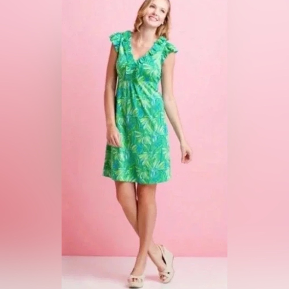 Lilly Pulitzer Clare Silk Blend Jersey Dress Ruffle Green Floral Size XS